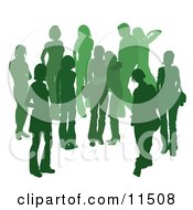 Poster, Art Print Of Green Group Of Silhouetted People Hanging Out In A Crowd Two Friends Embracing In The Middle