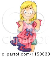 Cartoon Of A Happy Blond Girl Holding A Dress Royalty Free Vector Clipart