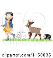 Poster, Art Print Of Hedgehog Deer And Rabbit Following A Girl