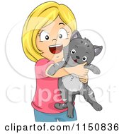 Poster, Art Print Of Happy Blond Girl Hugging Her Cat