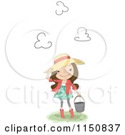 Happy Country Girl Touching Her Hat And Carrying A Bucket