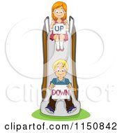 Boy And Girl On A Slide With Up And Down Signs