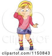Cartoon Of A Blond Girl Shielding Her Eyes And Looking Royalty Free Vector Clipart