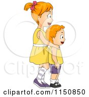 Cartoon Of A Big Sister And Little Brother Looking Right Royalty Free Vector Clipart