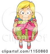 Cartoon Of A Happy Blond Girl Offering A Gift Royalty Free Vector Clipart