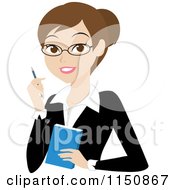 Cartoon Of A Brunette Businesswoman With A Pen And Notepad Royalty Free Vector Clipart