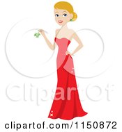 Cartoon Of A Blond Christmas Woman Wearing A Red Gown And Holding Mistletoe Royalty Free Vector Clipart