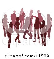 Poster, Art Print Of Red Group Of Silhouetted People Hanging Out In A Crowd Two Friends Hugging