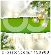 Poster, Art Print Of Snowflake Christmas Background With Torn Paper Copyspace And Bauble Branches