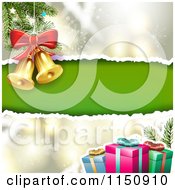 Poster, Art Print Of Snowflake Christmas Background With Torn Green Paper Copyspace Gifts And Bells