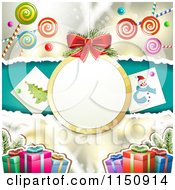Christmas Candy Background With A Suspended Bauble Frame And Gifts