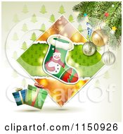 Clipart Of A Christmas Background Of A Stocking Gifts And Tree Branches Royalty Free Vector Clipart