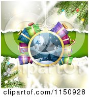 Clipart Of A Christmas Bauble Background With Gifts And Branches Royalty Free Vector Clipart