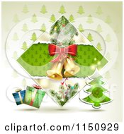 Clipart Of A Christmas Background Of Bells In A Diamond With Gifts And A Tree Royalty Free Vector Clipart
