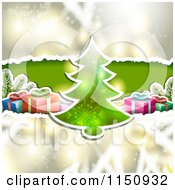 Clipart Of A Christmas Background With Torn Paper Tree And Gifts Royalty Free Vector Clipart