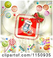 Poster, Art Print Of Candy Cane Border Around A Christmas Stocking With Candy On Gold