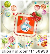Poster, Art Print Of Candy Cane Border Around A Christmas Snowman With Candy On Gold