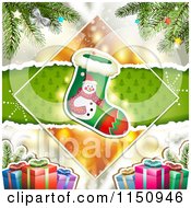 Clipart Of A Torn Paper Christmas Background With A Stocking And Gifts Royalty Free Vector Clipart by merlinul