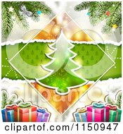 Clipart Of A Christmas Background With A Tree In A Diamond With Branches And Gifts Royalty Free Vector Clipart