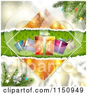 Clipart Of A Christmas Background With Torn Paper Branches And Gifts Royalty Free Vector Clipart
