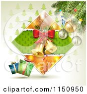 Christmas Background Of Bells In A Diamond With Gifts And A Tree
