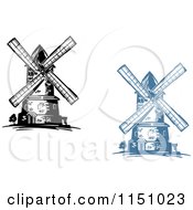 Clipart Of Black And White And Blue Windmills Royalty Free Vector Clipart