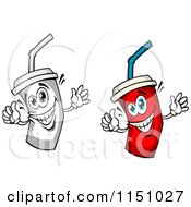 Clipart Of Happy Red And Grayscale Fountain Drink Cup Mascot Royalty Free Vector Clipart