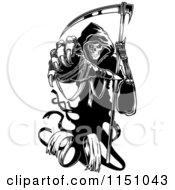 Clipart Of A Black And White Grim Reaper Holding A Scythe And Reaching Out Royalty Free Vector Clipart
