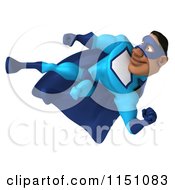 Clipart Of A 3d Kicking Black Super Hero Man In A Blue Costume Royalty Free CGI Illustration