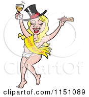 Cartoon Of A Partying New Year Adult Caucasian Woman Dancing In A Baby Diaper Sash And Hat Royalty Free Vector Clipart