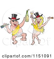 Poster, Art Print Of Partying New Year Adult Caucasian Couple Dancing In Baby Diapers Sashes And Hats And Holding Alcohol