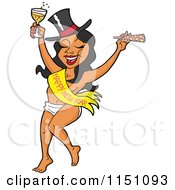 Cartoon Of A Partying New Year Adult Black Woman Dancing In A Baby Diaper Sash And Hat Royalty Free Vector Clipart by LaffToon