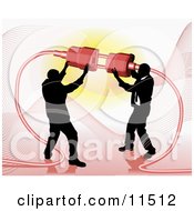Poster, Art Print Of Two Businessmen Working Together To Connect A Plug And Socket Over Red