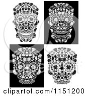 Clipart Of Black And White Ornate Floral Day Of The Dead Skulls Royalty Free Vector Clipart