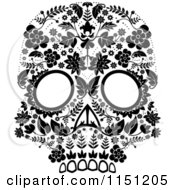 Clipart Of A Black And White Ornate Floral Day Of The Dead Skull Royalty Free Vector Clipart