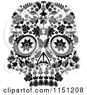 Clipart Of A Black And White Ornate Floral Day Of The Dead Skull Royalty Free Vector Clipart