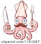 Cartoon Of A Pink Squid Chef With A Knife And Barbecue Fork Royalty Free Vector Clipart