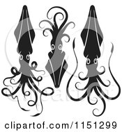 Cartoon Of Three Black And White Squids Royalty Free Vector Clipart