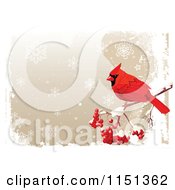 Poster, Art Print Of Red Cardinal Bird With Berries Over A Grungy Snowflake Background