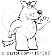 Cartoon Clipart Of A Black And White Friendly Wolf Standing And Waving Vector Outlined Coloring Page