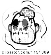 Cartoon Clipart Of A Black And White Zombie Head With A Bow Vector Outlined Coloring Page