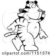 Cartoon Clipart Of A Black And White Walking Tiger Vector Outlined Coloring Page