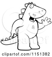 Cartoon Clipart Of A Black And White Friendly Dinosaur Standing And Waving Vector Outlined Coloring Page