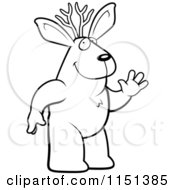 Cartoon Clipart Of A Black And White Waving Friendly Jackalope Vector Outlined Coloring Page
