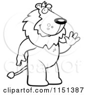 Cartoon Clipart Of A Black And White Friendly Lion Standing And Waving Vector Outlined Coloring Page
