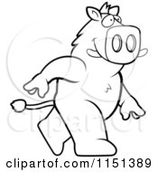 Cartoon Clipart Of A Black And White Boar Walking Upright Vector Outlined Coloring Page