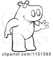 Cartoon Clipart Of A Black And White Friendly Hippo Standing And Waving Vector Outlined Coloring Page