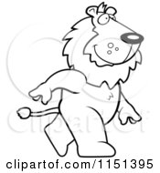 Cartoon Clipart Of A Black And White Happy Lion Walking Vector Outlined Coloring Page
