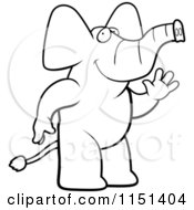 Cartoon Clipart Of A Black And White Friendly Elephant Standing And Waving Vector Outlined Coloring Page