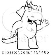 Cartoon Clipart Of A Black And White Friendly Triceratops Dinosaur Waving Vector Outlined Coloring Page